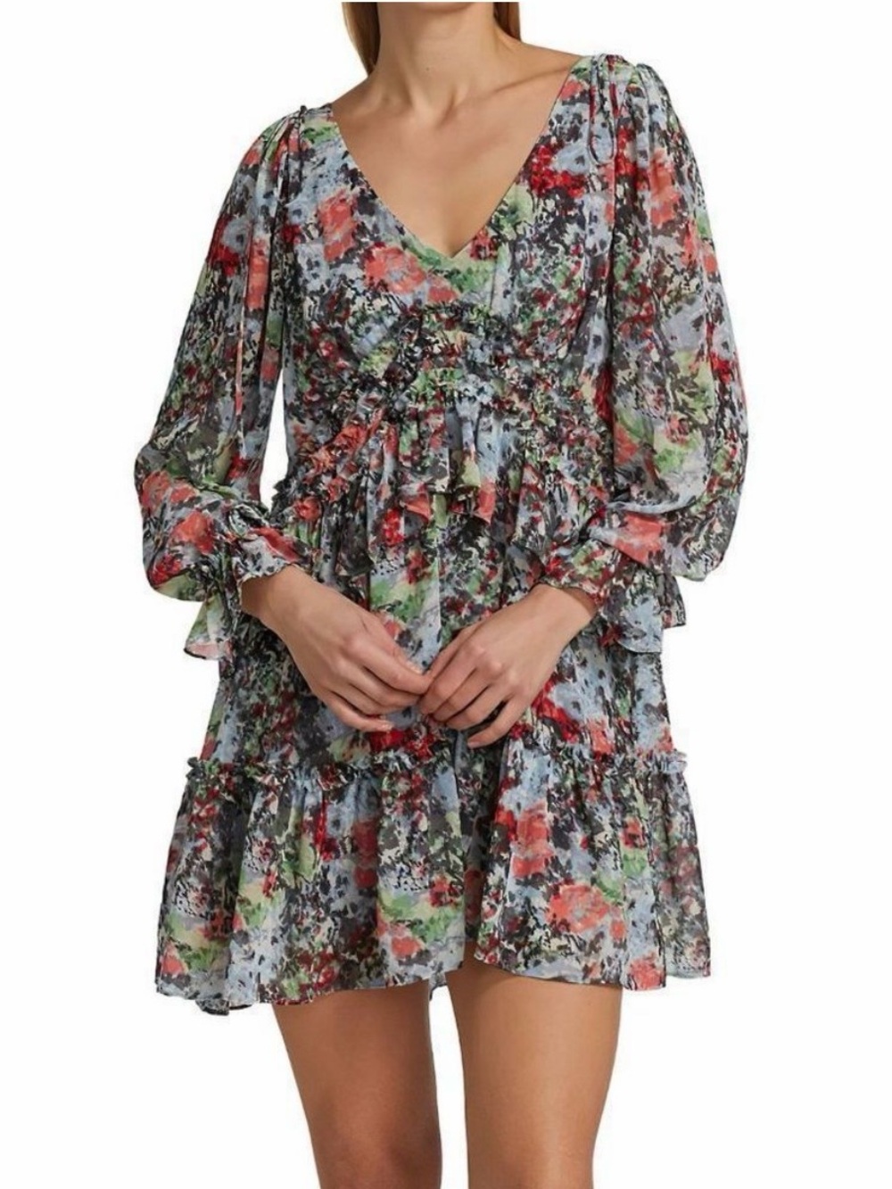 Cinq à Sept Women's Lewis Long Puff Sleeves Floral Georgette Mini Dress Blue